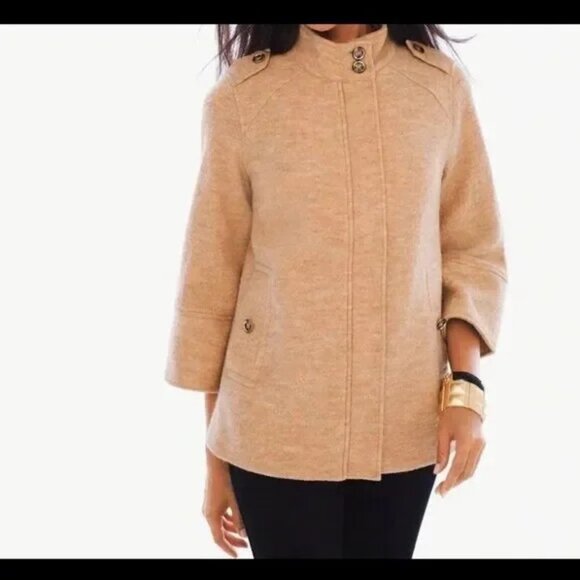 Chico's Jackets & Blazers - Chico's Coat Jacket 100% Wool Camel Tan Full Zipper Coat Bell 3/4 Sleeve Moto L